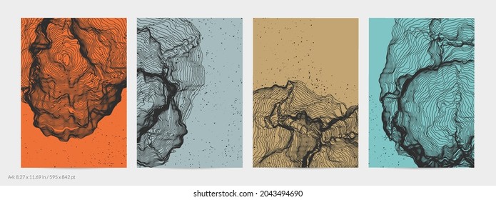 Forma de red de línea ultrafina. Resumen de geometría de modelado de computadora 3D. Ola de sonido futurista que interactúa con partículas aleatorias. Textura de cultivo de moho en fondo plano de color terrenal.