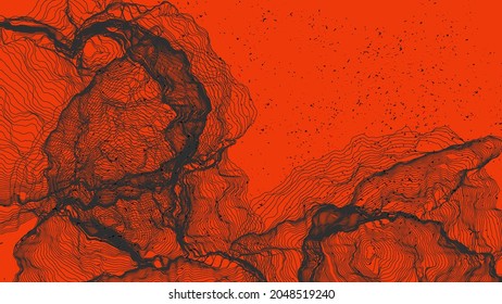 Ultra thin line net shape. Abstract 3D computer modeling science geometry. Futuristic sound wave interacting with random particles. Mold growing texture on flat earthly colored background.