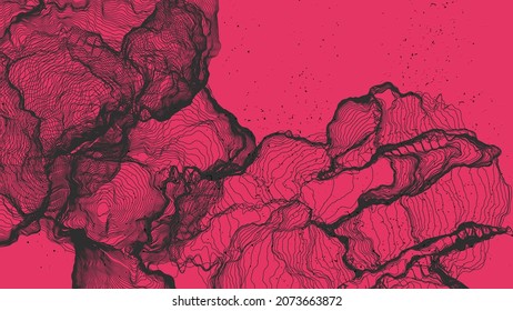 Ultra thin line net shape. Abstract 3D computer modeling science geometry. Futuristic sound wave interacting with random particles. Mold growing texture on flat earthly colored background.