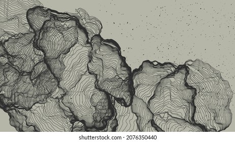 Ultra dünne Netzform. Abstrakte 3D-Computermodellierung der Wissenschaftsgeometrie. Futuristische Schallwelle, die mit zufälligen Teilchen interagiert. Mühselige, wachsende Textur auf flachem irdischem Hintergrund.