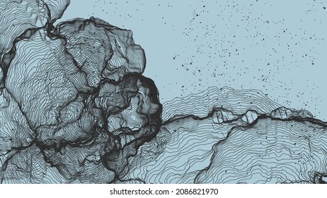 Ultra thin line net shape. Abstract 3D computer modeling science geometry. Futuristic sound wave interacting with random particles. Mold growing texture on flat earthly colored background.
