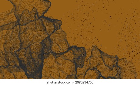 Ultra dünne Netzform. Abstrakte 3D-Computermodellierung der Wissenschaftsgeometrie. Futuristische Schallwelle, die mit zufälligen Teilchen interagiert. Mühselige, wachsende Textur auf flachem irdischem Hintergrund.