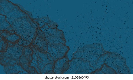 Ultra dünne Netzform. Abstrakte 3D-Computermodellierung der Wissenschaftsgeometrie. Futuristische Schallwelle, die mit zufälligen Teilchen interagiert. Mühselige, wachsende Textur auf flachem irdischem Hintergrund.