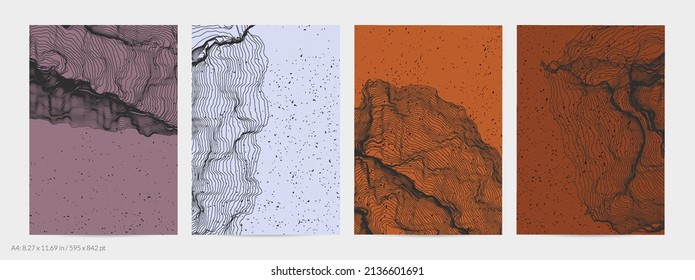 Ultra thin line net shape. Abstract 3D computer modeling science geometry. Futuristic sound wave interacting with random particles. Mold growing texture on flat earthly colored background.
