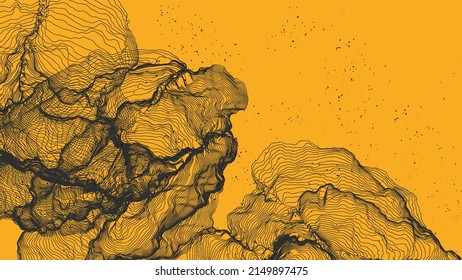 Ultra thin line net shape. Abstract 3D computer modeling science geometry. Futuristic sound wave interacting with random particles. Mold growing texture on flat earthly colored background.