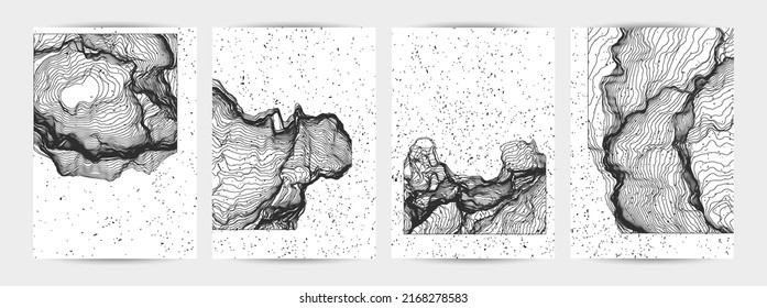 Ultra thin line net shape. Abstract 3D computer modeling science geometry. Futuristic sound wave interacting with random particles. Mold growing texture on white with grunge texture.