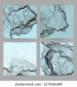 Forma de red de línea ultrafina. Resumen de geometría de modelado de computadora 3D. Ola de sonido futurista que interactúa con partículas aleatorias. Textura de cultivo de moho en fondo plano de color terrenal.