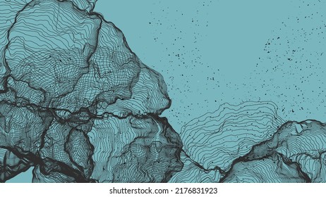Forma de red de línea ultrafina. Resumen de geometría de modelado de computadora 3D. Ola de sonido futurista que interactúa con partículas aleatorias. Textura de cultivo de moho en fondo plano de color terrenal.