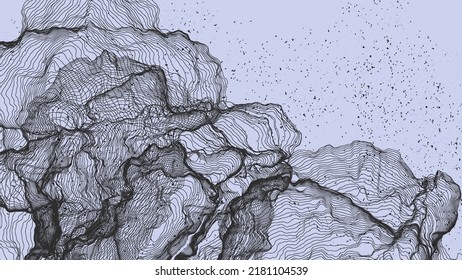 Ultra thin line net shape. Abstract 3D computer modeling science geometry. Futuristic sound wave interacting with random particles. Mold growing texture on flat earthly colored background.