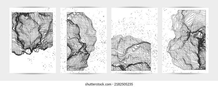 Ultra thin line net shape. Abstract 3D computer modeling science geometry. Futuristic sound wave interacting with random particles. Mold growing texture on white with grunge texture.