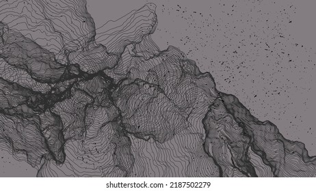 Ultra dünne Netzform. Abstrakte 3D-Computermodellierung der Wissenschaftsgeometrie. Futuristische Schallwelle, die mit zufälligen Teilchen interagiert. Mühselige, wachsende Textur auf flachem irdischem Hintergrund.