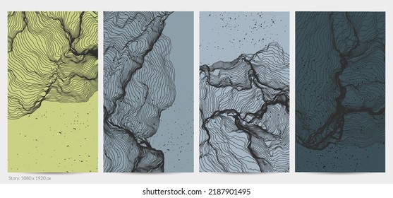Ultra thin line net shape. Abstract 3D computer modeling science geometry. Futuristic sound wave interacting with random particles. Mold growing texture on flat earthly colored background.
