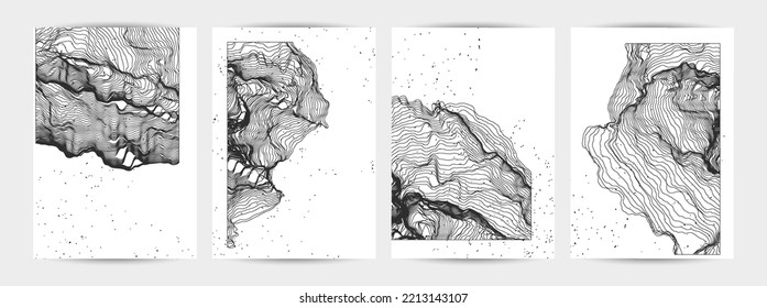 Ultra thin line net shape. Abstract 3D computer modeling science geometry. Futuristic sound wave interacting with random particles. Mold growing texture on white with grunge texture.
