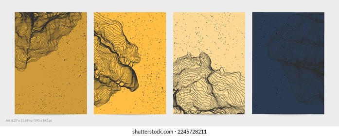 Ultra thin line net shape. Abstract 3D computer modeling science geometry. Futuristic sound wave interacting with random particles. Mold growing texture on flat earthly colored background.