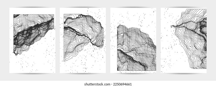 Ultra thin line net shape. Abstract 3D computer modeling science geometry. Futuristic sound wave interacting with random particles. Mold growing texture on white with grunge texture.