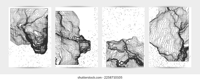 Ultra thin line net shape. Abstract 3D computer modeling science geometry. Futuristic sound wave interacting with random particles. Mold growing texture on white with grunge texture.