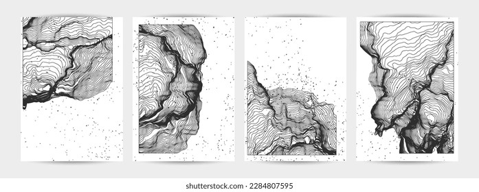 Ultra thin line net shape. Abstract 3D computer modeling science geometry. Futuristic sound wave interacting with random particles. Mold growing texture on white with grunge texture.