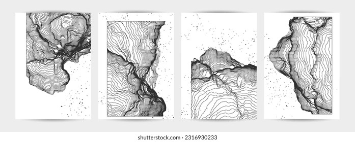 Ultra thin line net shape. Abstract 3D computer modeling science geometry. Futuristic sound wave interacting with random particles. Mold growing texture on white with grunge texture.