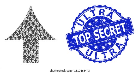 Ultra Top Secret scratched round seal imitation and vector recursion composition up arrow. Blue stamp seal has Ultra Top Secret title inside round shape.