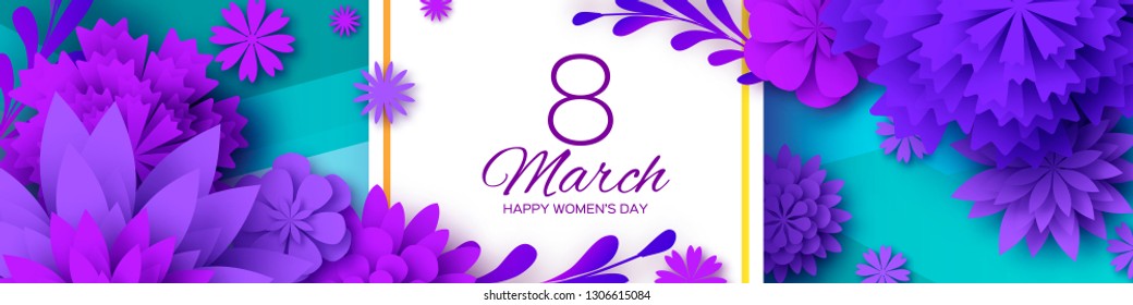 Ultra Violet Banner. Pink Paper Cut Flower. 8 March. Womens Day Greetings card. Origami Floral bouquet. Square frame. Text. Spring Seasonal Holidays on blue. Happy Mothers Day.
