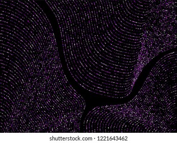 Ultra violet curve lines of multiple rhombus confetti on black. Rich vector background with shiny stardust glitters. Shiny confetti dust curves stripes. Abstract glitter flow, glowing lights print.