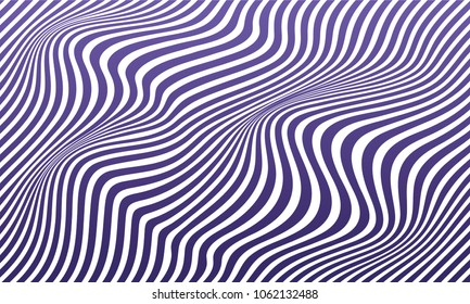 Ultra Violet distortion illusion design. Geometric stripped pattern illustration art. Distorted lines effect cover. Lines stripes background with wavy distortion effect.