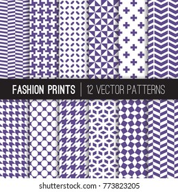 Ultra Violet Fashion Textile Vector Patterns. 2018 Color of the Year. Purple and White Houndstooth, Herringbone, Triangle, Cross, Dots, Chevron. Pattern Tile Swatches Included.