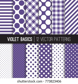 Ultra Violet Gingham Check Plaid, Polka Dot and Candy Stripes Vector Patterns. 2018 of the Year. Modern Geometric Backgrounds. Pattern Tile Swatches Included.