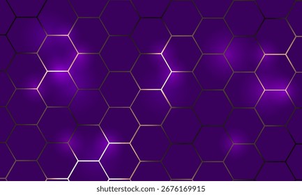 Fondo abstracto de tecnología hexagonal ultravioleta y dorada con panales. Ilustración vectorial