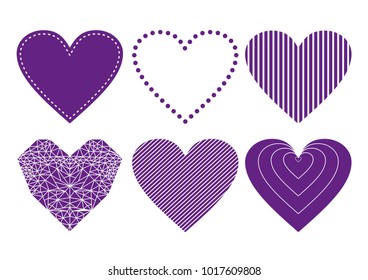 Ultra violet Heart Icons Set, ideal for valentines day and wedding. Vector illustration isolated on white.