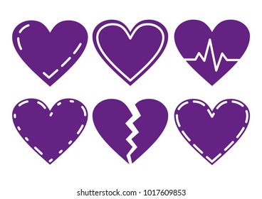 Ultra violet Heart Icons Set, ideal for valentines day and wedding. Vector illustration isolated on white. 