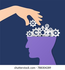 Ultra violet Human head with gears. conceptual of business human brain and hand put cogwheel idea connection teamwork