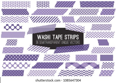 Ultra Violet and Lavender Purple Washi Tape Strips with Torn Edges & Different Patterns. 36 Unique Semitransparent Vectors. Photo Sticker, Print / Web Layout Element, Clip Art, Scrapbook Embellishment