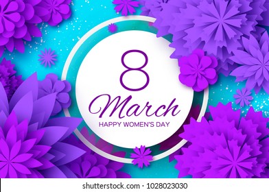 Ultra Violet Paper Cut Flower. 8 March. Womens Day Greetings card. Origami Floral bouquet. Circle frame. Text. Spring Seasonal Holidays on blue. Happy Mothers Day.