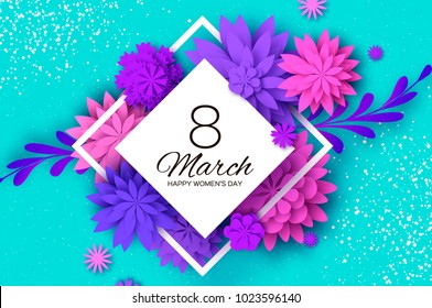 Ultra Violet Pink Paper Cut Flower. 8 March. Womens Day Greetings card. Origami Floral bouquet. Rhombus frame. Text. Spring Seasonal Holidays on blue. Happy Mothers Day.