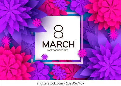 Ultra Violet Pink Paper Cut Flower. 8 March. Womens Day Greetings card. Origami Floral bouquet. Square frame. Text. Spring Seasonal Holidays on blue. Happy Mothers Day.
