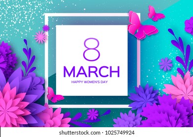 Ultra Violet Pink Paper Cut Flower. Butterfly. 8 March. Womens Day Greetings card. Origami Floral bouquet. Square frame. Text. Spring Seasonal Holidays on blue. Happy Mothers Day. Vector