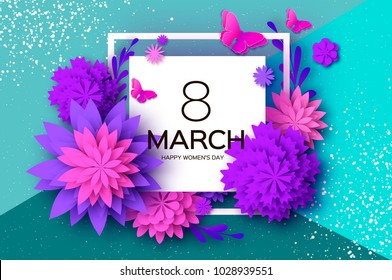 Ultra Violet Pink Paper Cut Flower. Butterfly. 8 March. Womens Day Greetings card. Origami Floral bouquet. Square frame. Text. Spring Seasonal Holidays on blue. Happy Mothers Day.