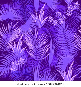 Ultra violet seamless pattern of tropical leaves of palm tree. Vector background.