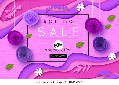 Ultra Violet Spring Sale Background with paper style flowers leaves  and shapes, vector illustration