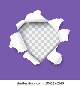 Ultra violet torn paper with ripped edges and rooled up sides, round shaped hole isolated on transparent background realistic Vector illustration