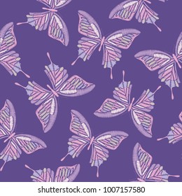 Ultra violet trendy seamless pattern. Embroidery butterflies on pantone colors of the year 2018 background. Vector illustration.