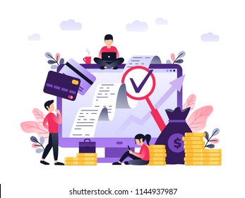 Ultra Violet Vector Illustration Of Virtual Business Assistant. Money, Cards Investment Management. Graphic Design Business Concept. Small People On Computer Desk.