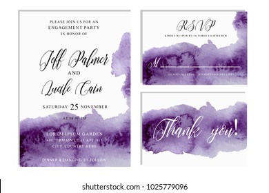 Bodas ultra violeta con un hermoso fondo de acuarela dibujado a mano. Incluye las plantillas de tarjetas Invintation, rsvp y thanyou.