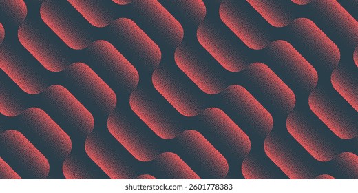 Ultra Wide Modern Seamless Pattern Trend Dotted Vector Red Black Abstract Background. Dynamic Wavy Structure Halftone Art Illustration. Retro Futuristic Continuous Abstraction Panoramic Wallpaper