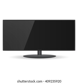 Ultra wide monitor. Computer components. Wide HD TV. The monitor on black glossy base. Blank screen. Vector illustration.