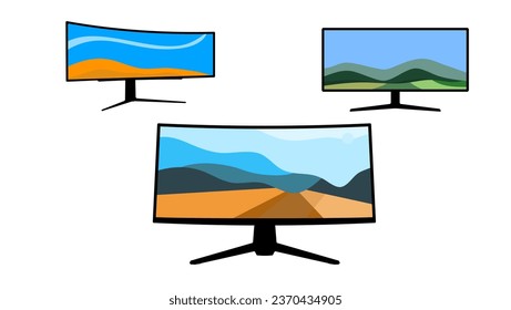 Ultra widescreen computer monitor , with landscape wallpaper