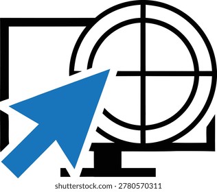 Ultra-clean vector icon featuring a black computer monitor with a bold crosshair target overlay and a sharp blue cursor arrow clicking center. Minimalist, high-precision design symbolizing digital advertising, performance marketing, PPC, analytics, conversion optimization, and click-through accuracy. Perfect for AdTech platforms, marketing agencies, SaaS dashboards, analytics tools, demand generation, and growth marketing brands. Covers digital advertising, marketing technology, user acquisition, data analytics, and conversion tracking markets. Ideal for SaaS app icons, dashboard UI, pitch decks, agency branding, and product logos.