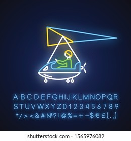 Ultralight aviation neon light icon. Micro lighting. Air extreme sport. Microlight trick. Stunt flying. Ultra light aeroplane flights. Glowing alphabet, numbers. Vector isolated illustration