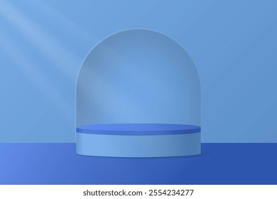 Ultramarine blue background with podium and alcove, rays of light